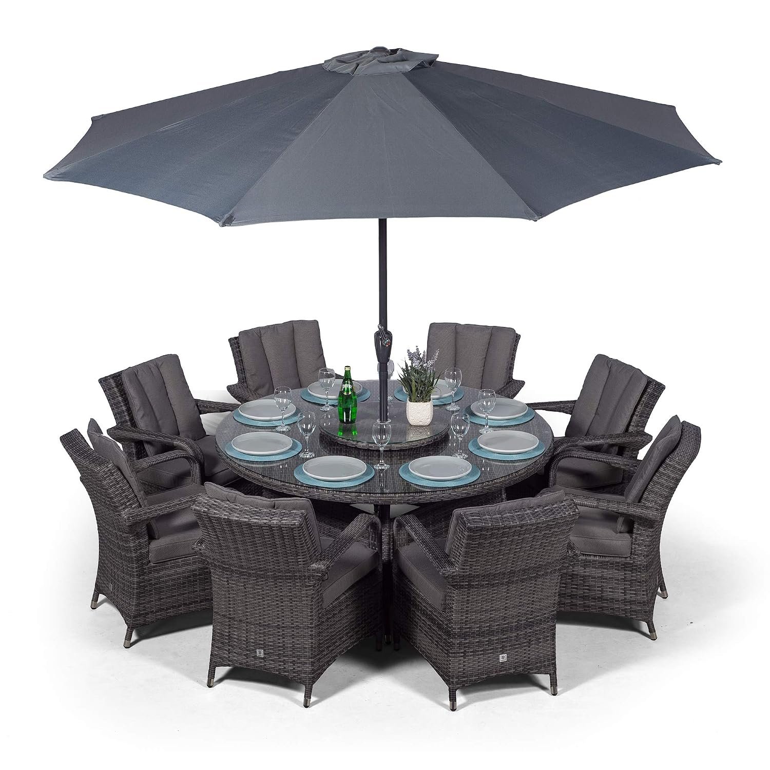 Giardino Arizona Rattan Garden Dining Set 8 Seater Outdoor Table & Chairs Wicker Patio Furniture with Parasol & Cover, Aluminium Frame, 155cm, Round, Grey