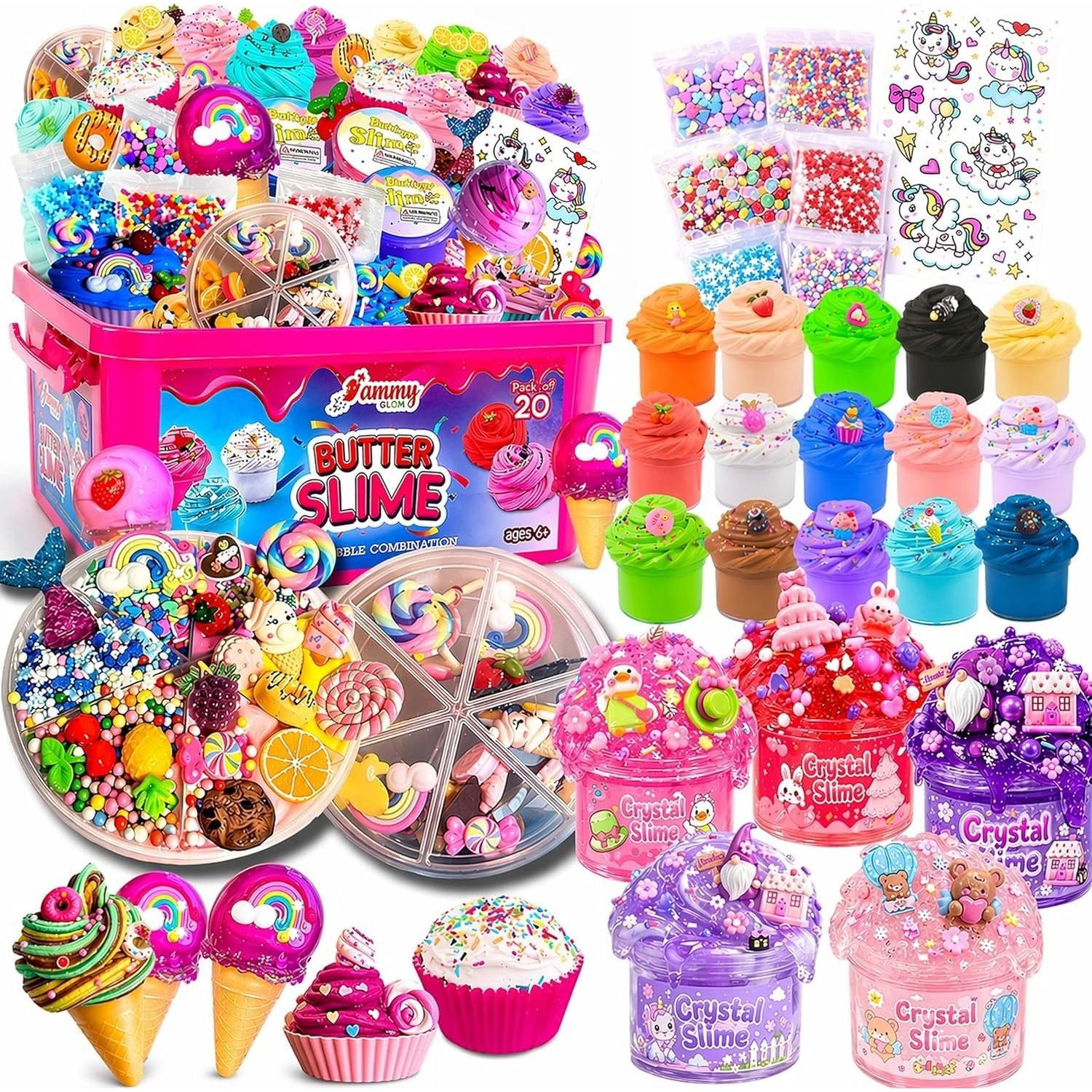 Jumbo Butter Slime Kit for Kids Age 6-12 with Storage Box, 49 Pcs Kit with Colourful Slimes, Charms, Sprinkles & Accessories, Non-Toxic Non-Sticky Sensory Toy Gift for Girls & Boys