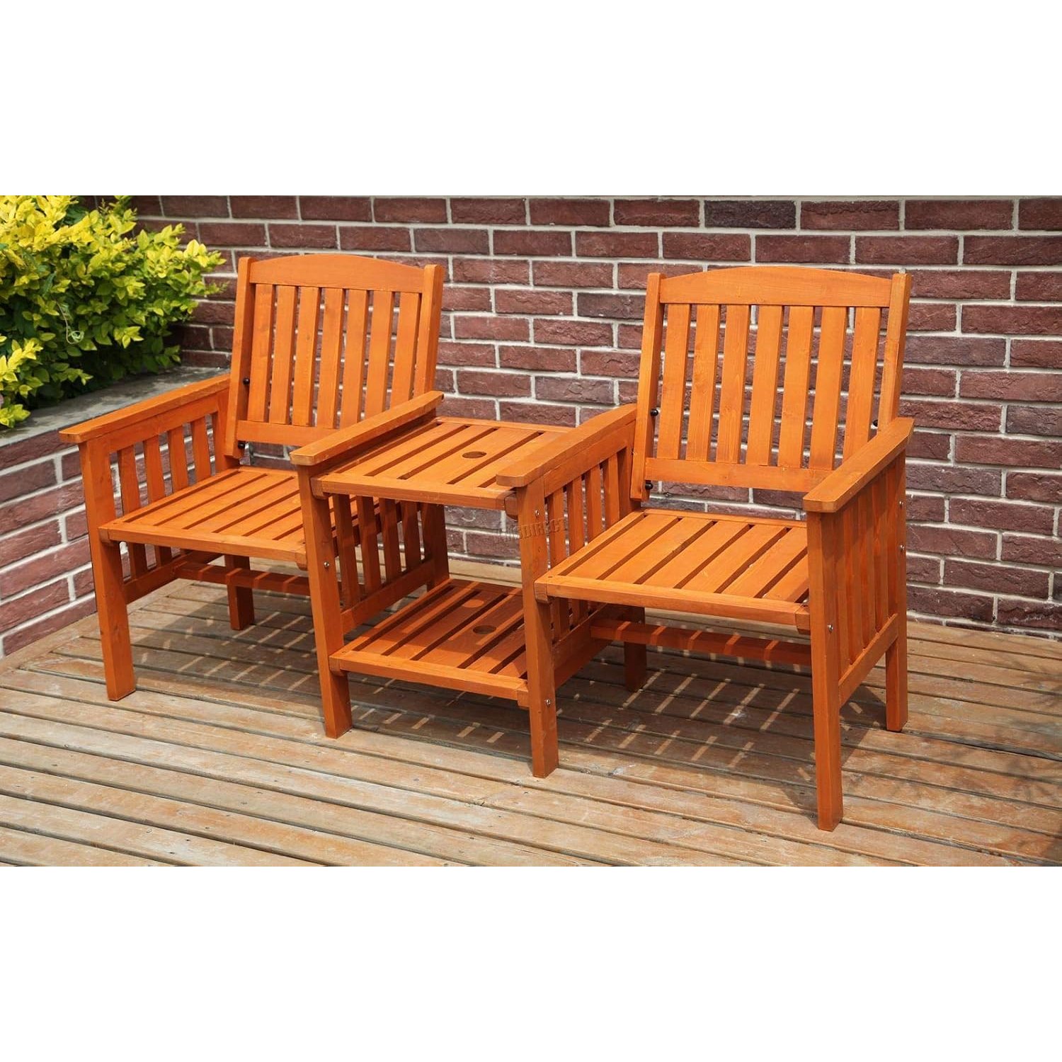 WestWood BIRCHTREE Outdoor Garden Love Duo Seat Patio Bench Couples Companion Yard 2 Seater Chair Twin With Table Set Parasol Hole Pool Wooden Furniture LS02 Natural