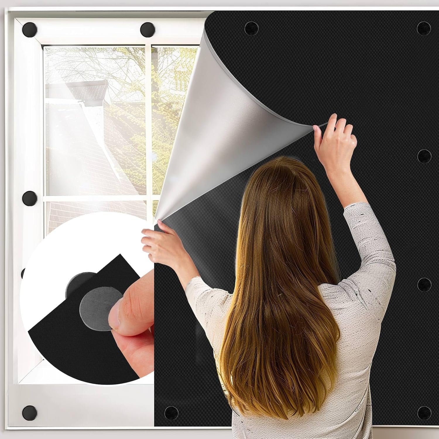 BKSAI Magnetic Blackout Blinds Window for Bedroom Traceless Removable, 145x200cm Any Shape and Size, No drilling 16 Magnets, Portable Black Out Blinds Curtains Blackout Material Cover