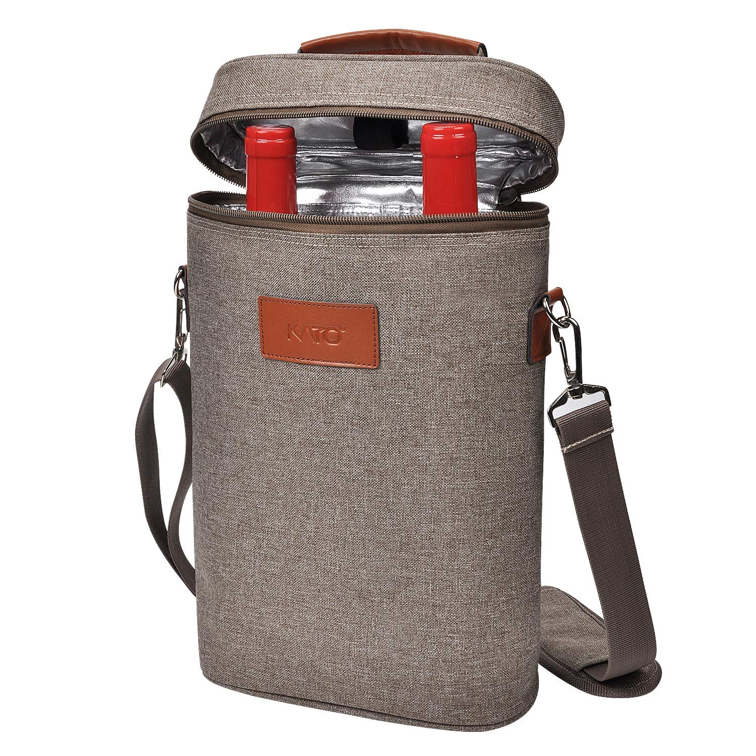 Kato Tirrinia Insulated Wine Cooler Bag, 2 Bottle Padded Wine Tote Carrier for Picnic, Beach, Camping, Wine Lover Gift, Khaki