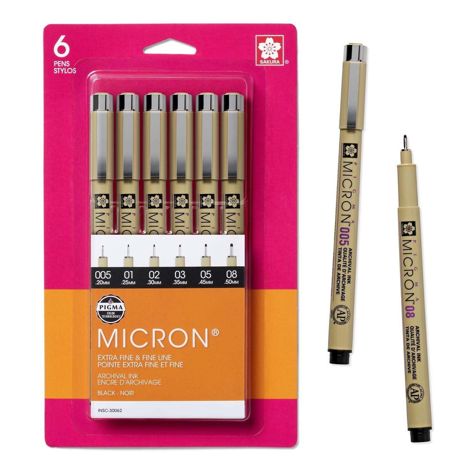 SAKURA Pigma Micron Assorted Pens, Pack of 6, Black