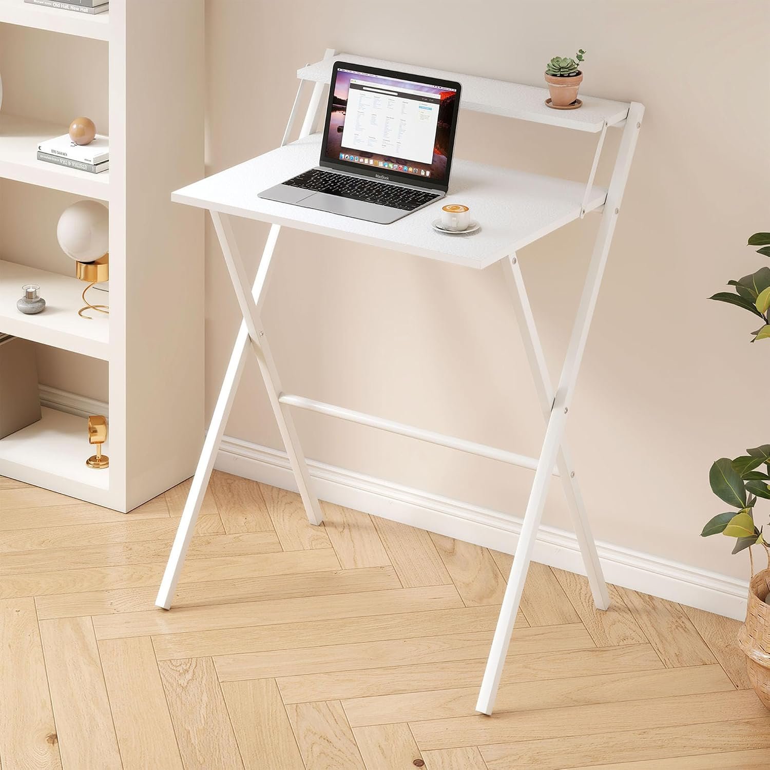 Levede Folding Desk 67.5x45cm, Portable Laptop Table with Monitor Shelf, Easy Assembly Small Desk for Bedroom Living Room, Space-Saving Computer Desk for Small Spaces, Home Office Desk, White
