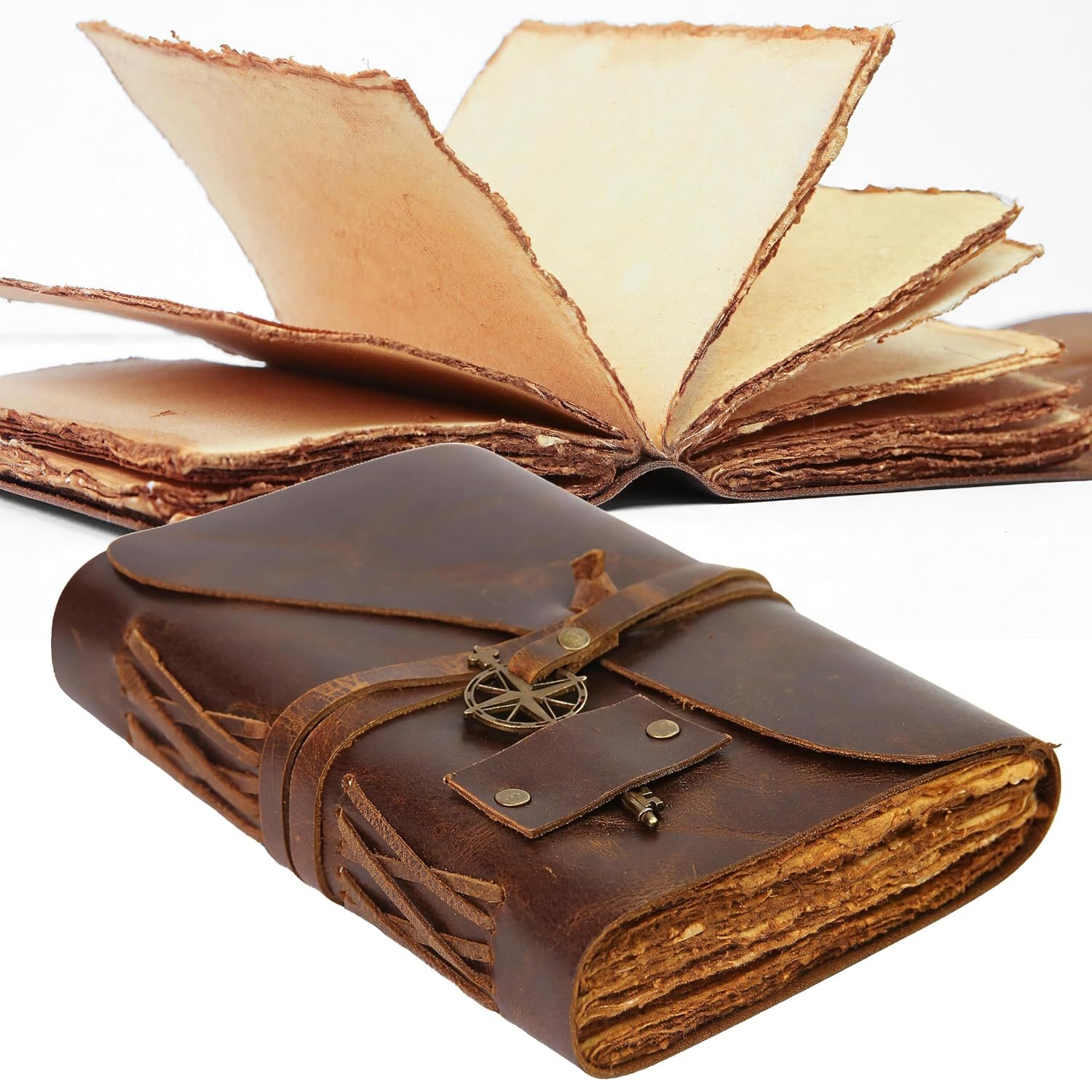 Wanderings Vintage Leather Journal - 13x18 Cm - Antique Handmade Leather Bound Journal with Old Fashioned Deckle Edge Paper - Vintage Notebook for Diary, Book of Shadows, Writing, Grimoire, Sketching