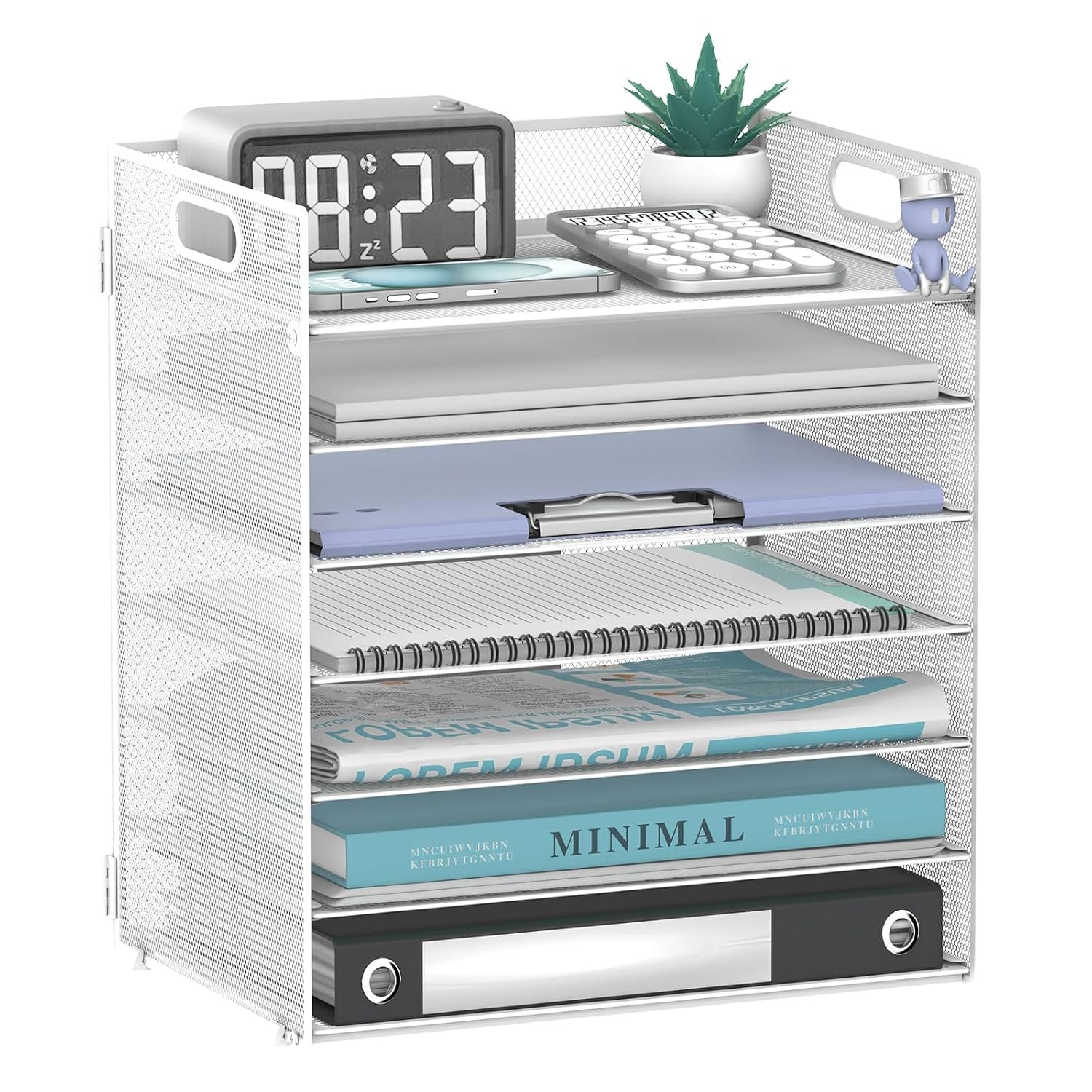 SUPEASY 7 Trays Paper Organiser Letter Tray with Handle-Mesh Desk File Organiser, A4 Paper Sorter for Office, Home or School(white)