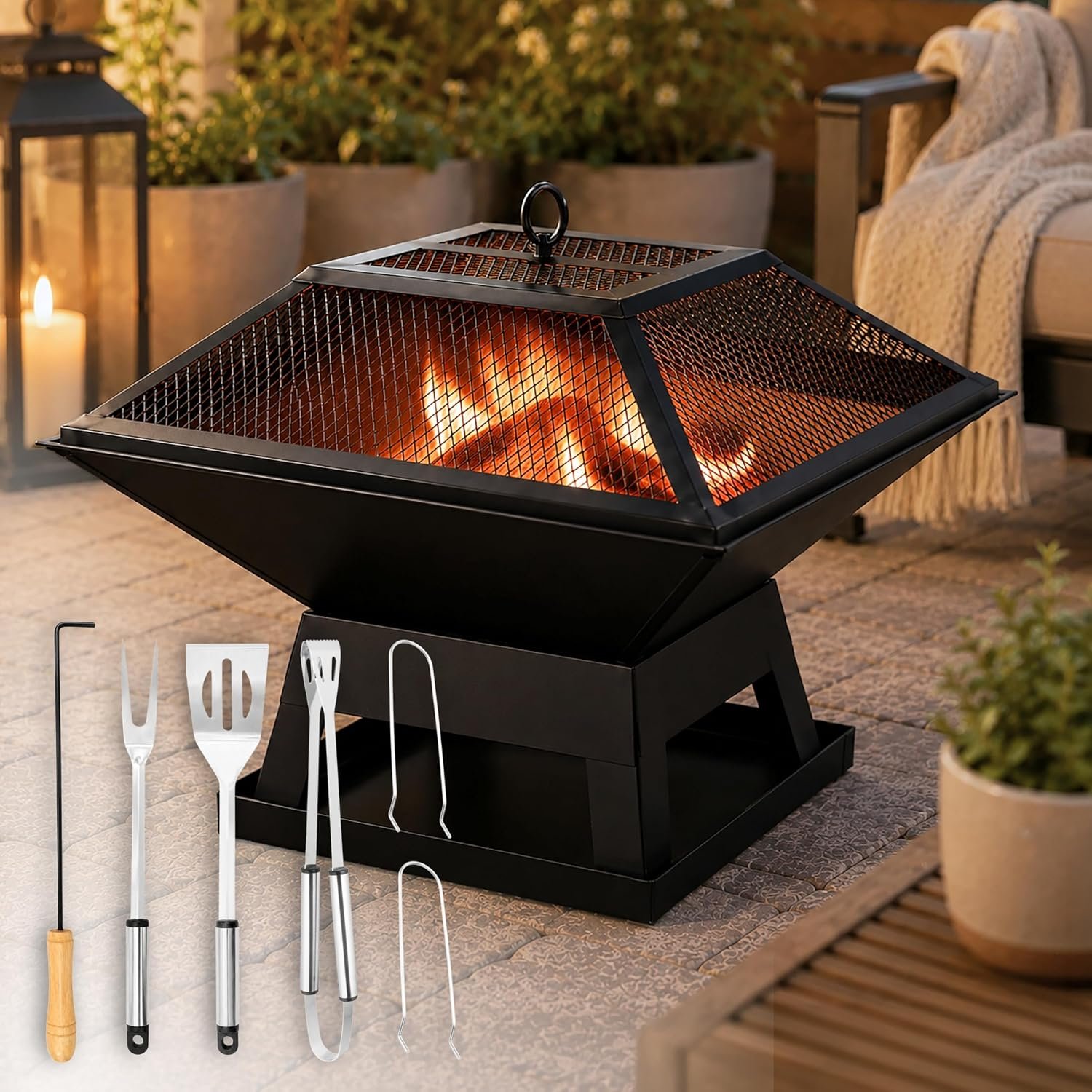 Marco Paul Large Square Fire Pit 45cm Outdoor Wood Burning Fire Pit with Mesh Spark Guard Lid & Poker Black Powder Coated Steel Fire Bowl Patio Heater for Garden, Patio, Terrace & Outdoor Heating