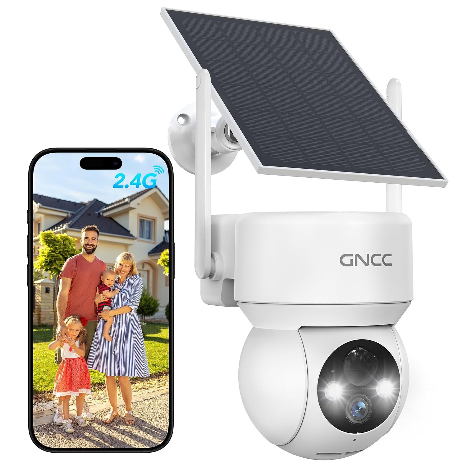 GNCC Solar Security Camera Outdoor Wireless 1080P/2MP CCTV Camera Systems, 360° PTZ Battery Powered Outdoor Camera, PIR Motion Detection, Colour Night Vision, 2-Way Audio, 2.4 GHz Wi-Fi Only