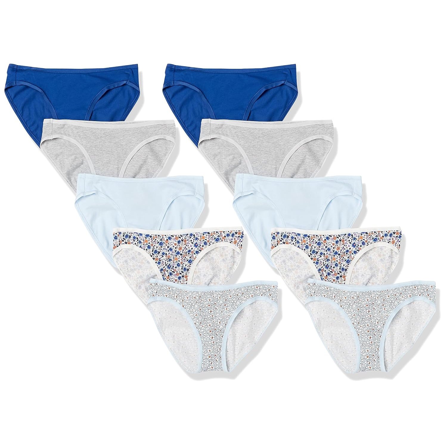 Amazon Essentials Women's Cotton Bikini Brief Underwear (Available in Plus Size), Pack of 10, Blue/Grey Heather/Pale Blue/Ditsy Floral/Floral, 10