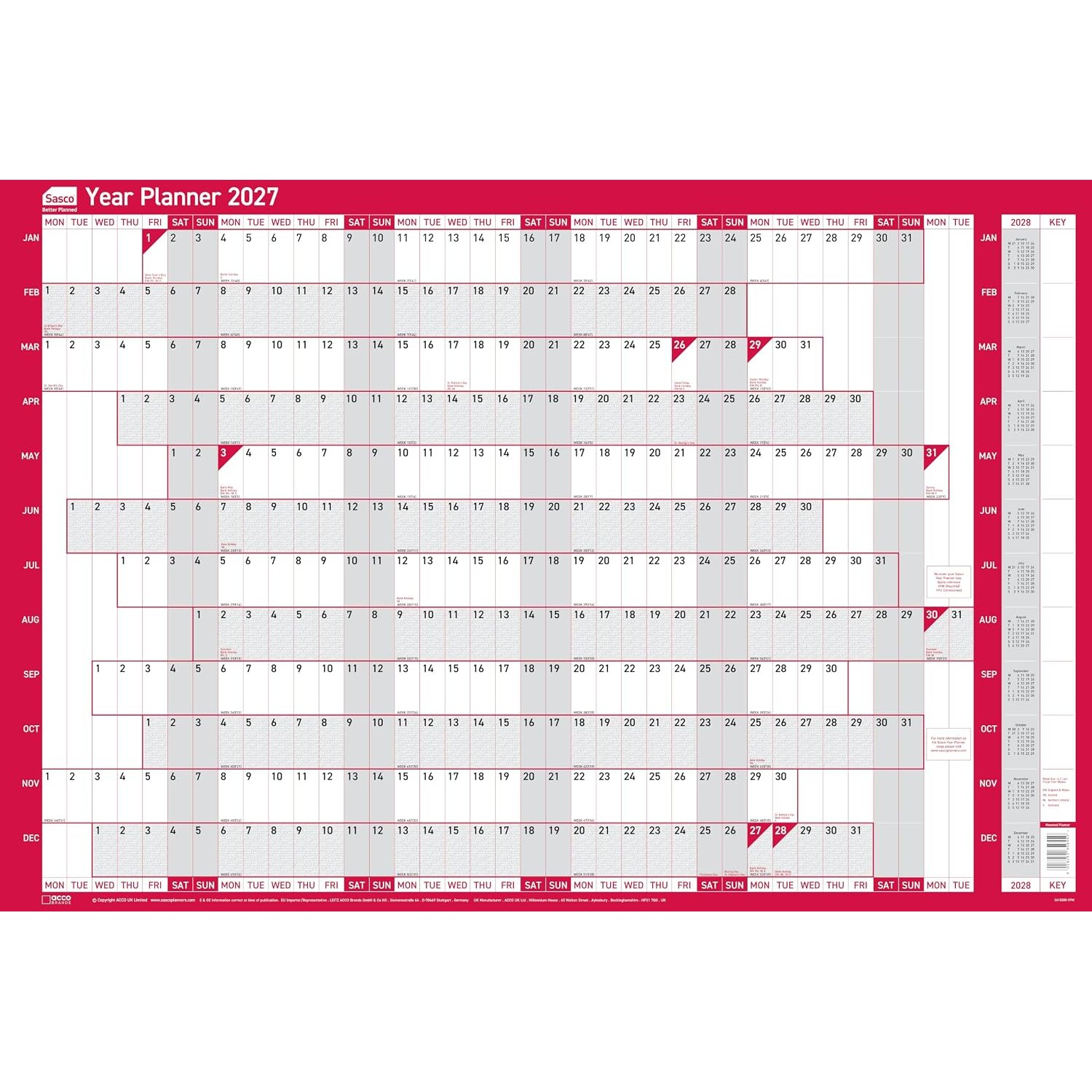 Sasco 2027 Original Year Wall Planner with wet wipe pen, pack of 378 stickers & Today sticker, Red, Board Mounted, 915mmW x 610mmH
