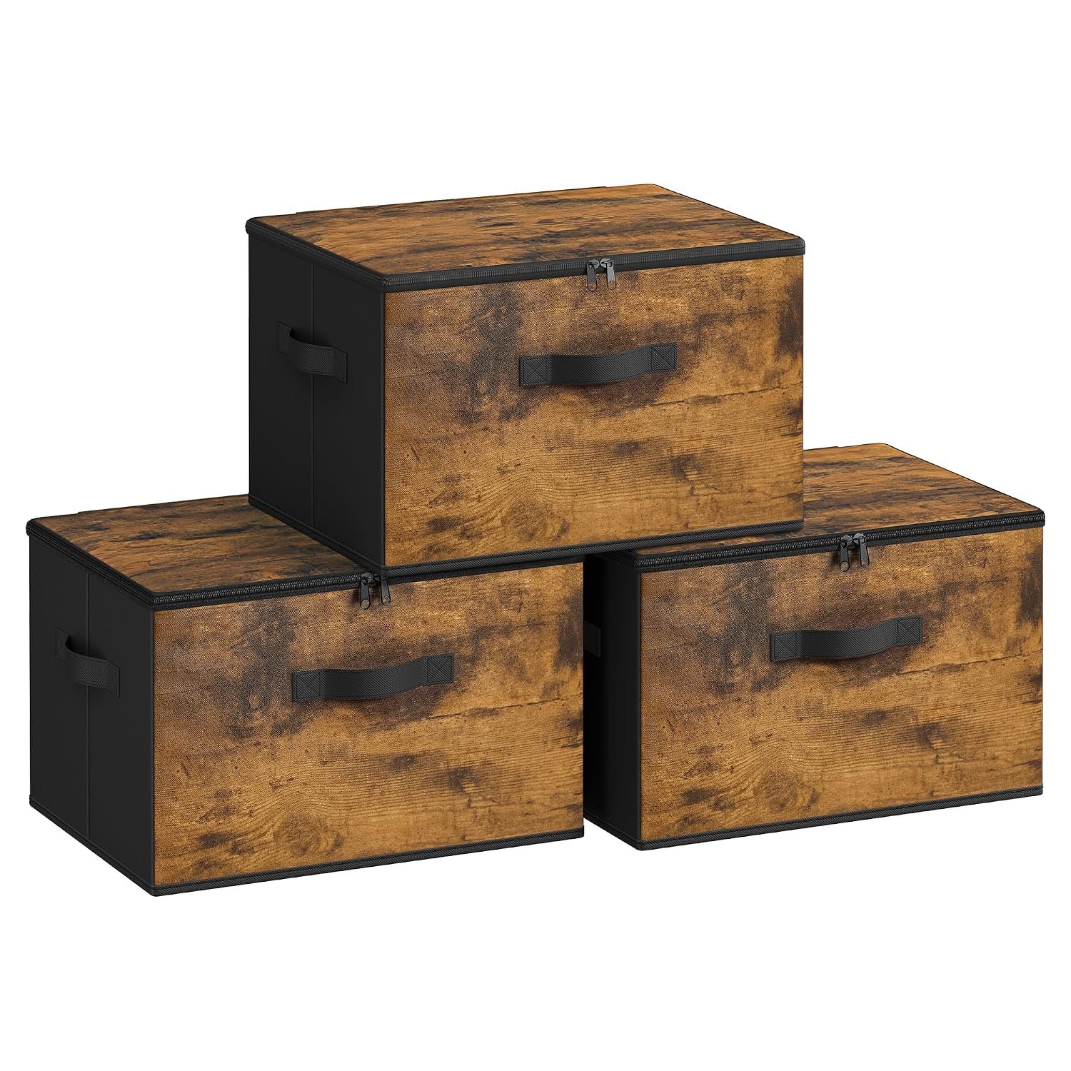 SONGMICS Foldable Storage Organiser Boxes, Storage Basket Bins with Lids, Handles, Clothes Organiser, Non-Woven Fabric, Set of 3, 40 x 30 x 25 cm, Rustic Brown RYZ103B01