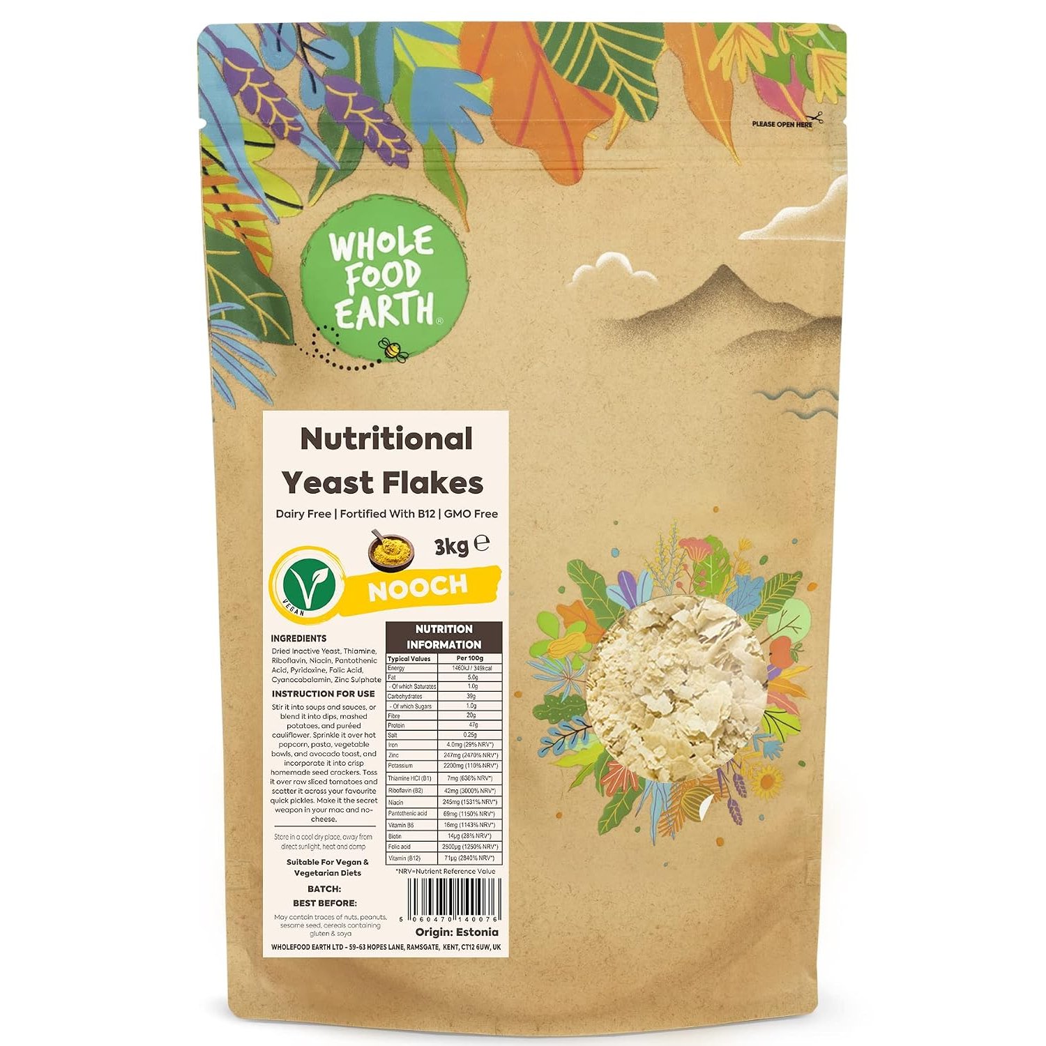 Wholefood Earth - Nutritional Yeast Flakes, 3 kg - with B12, Dairy Free, GMO Free, Vegan
