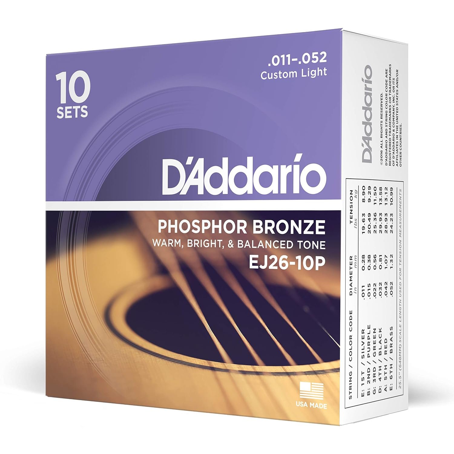 D'Addario Acoustic Guitar Strings, Phosphor Bronze, EJ26-10P, Custom Light Gauge 11-52, 6-String Set, Pack of 10