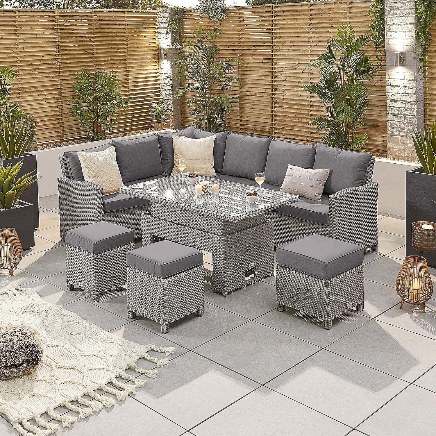 Nova Outdoor Living - Ciara Left Hand Corner Dining Set - 9 Seater Outdoor Rattan Garden Furniture Casual Sofa Set with Rising Rectangular Table - White Wash Rod Weave with Grey Cushions