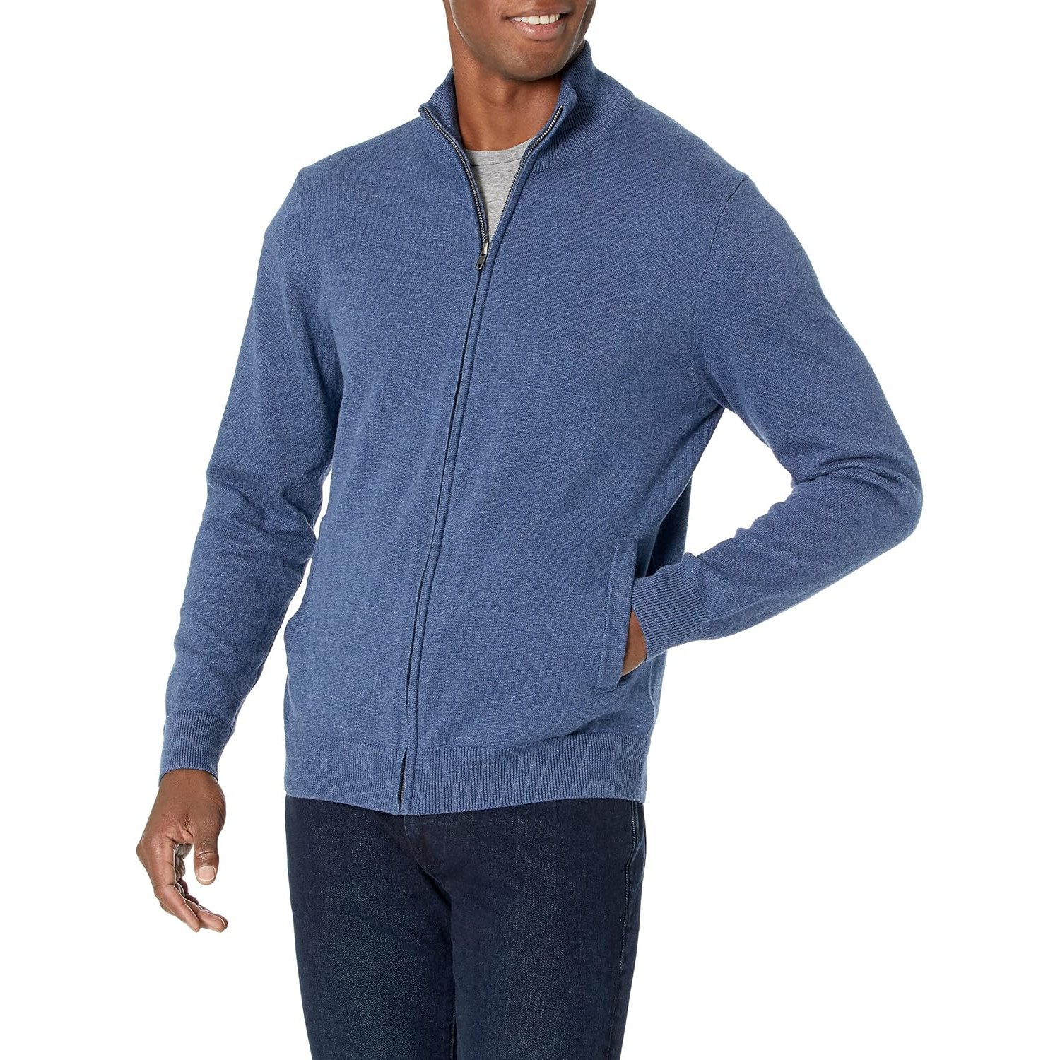 Amazon Essentials Men's Full-Zip Cotton Jumper, Blue Heather, L