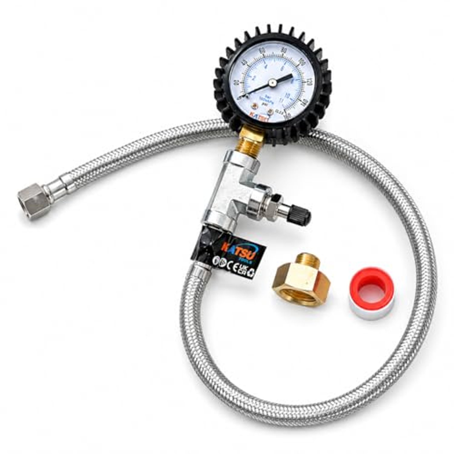KATSU Tools Mains Water Pressure Test Gauge & Pipe Leak Detector Kit – 1/2 Inch Compression Fitting with Tire Inflator Valve for Air Testing – Diagnose Plumbing Leaks & Low Pressure 318921
