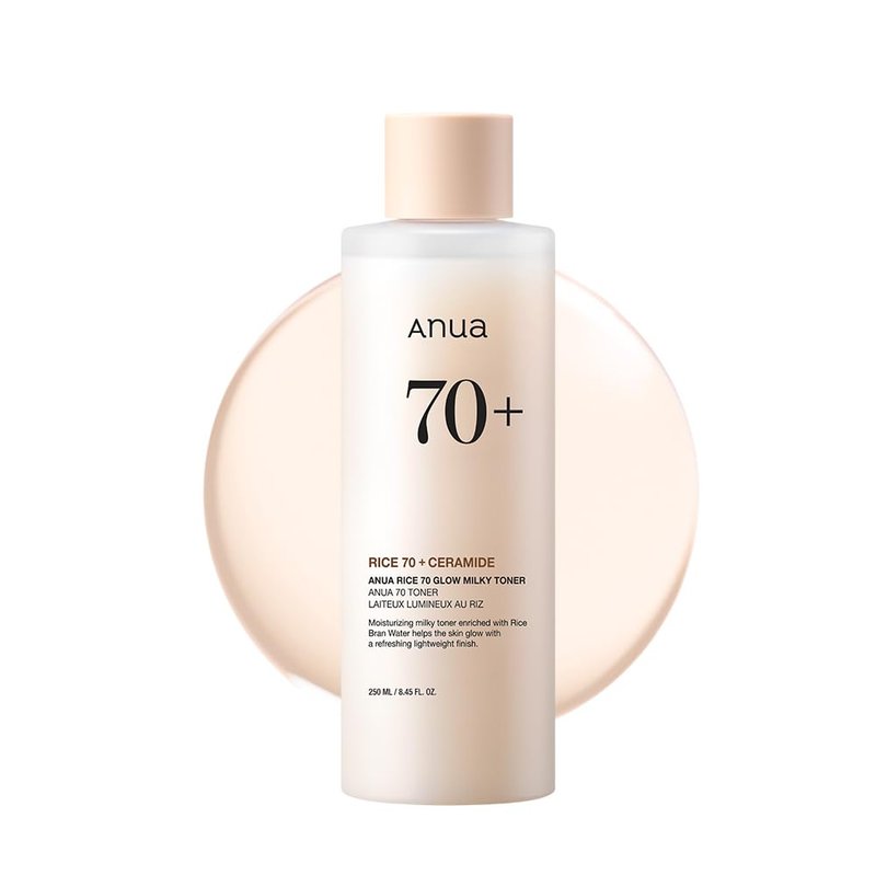 Anua Rice 70 Glow Milky Toner, Glass & Dewy Skin, Hydrating & Barrier Care, Rice Water, Niacinamide, Ceramides, All Skin Types, Fragrance-Free, Non Comedogenic, Korean Skincare, 8.45 fl.oz