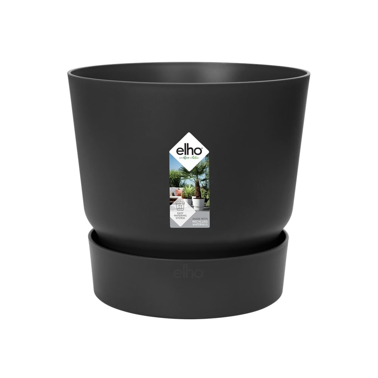 elho Greenville Round 55cm - Large Plant Pot for Indoor & Outdoor - Including Water Reservoir - 100% Recycled Plastic - Black/Living Black
