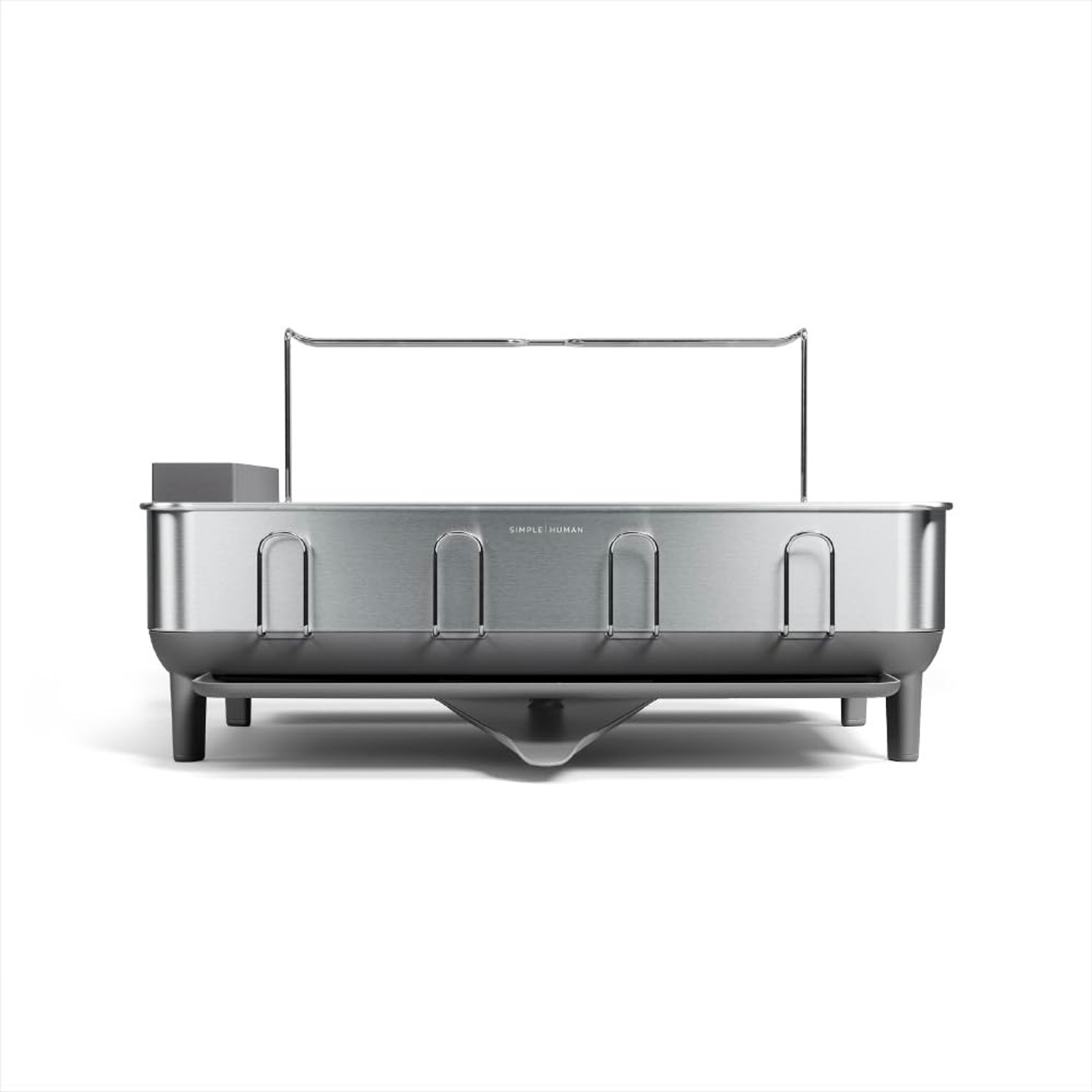 simplehuman KT1181 Steel Frame Dish Rack, Kitchen Drainer, Drip Tray, 360º Swivel Spout, Wine Glass & Cutlery Holder, Rustproof, Grey with Brushed Stainless Steel, W 51.4cm x H 29.2cm x D 56.6cm