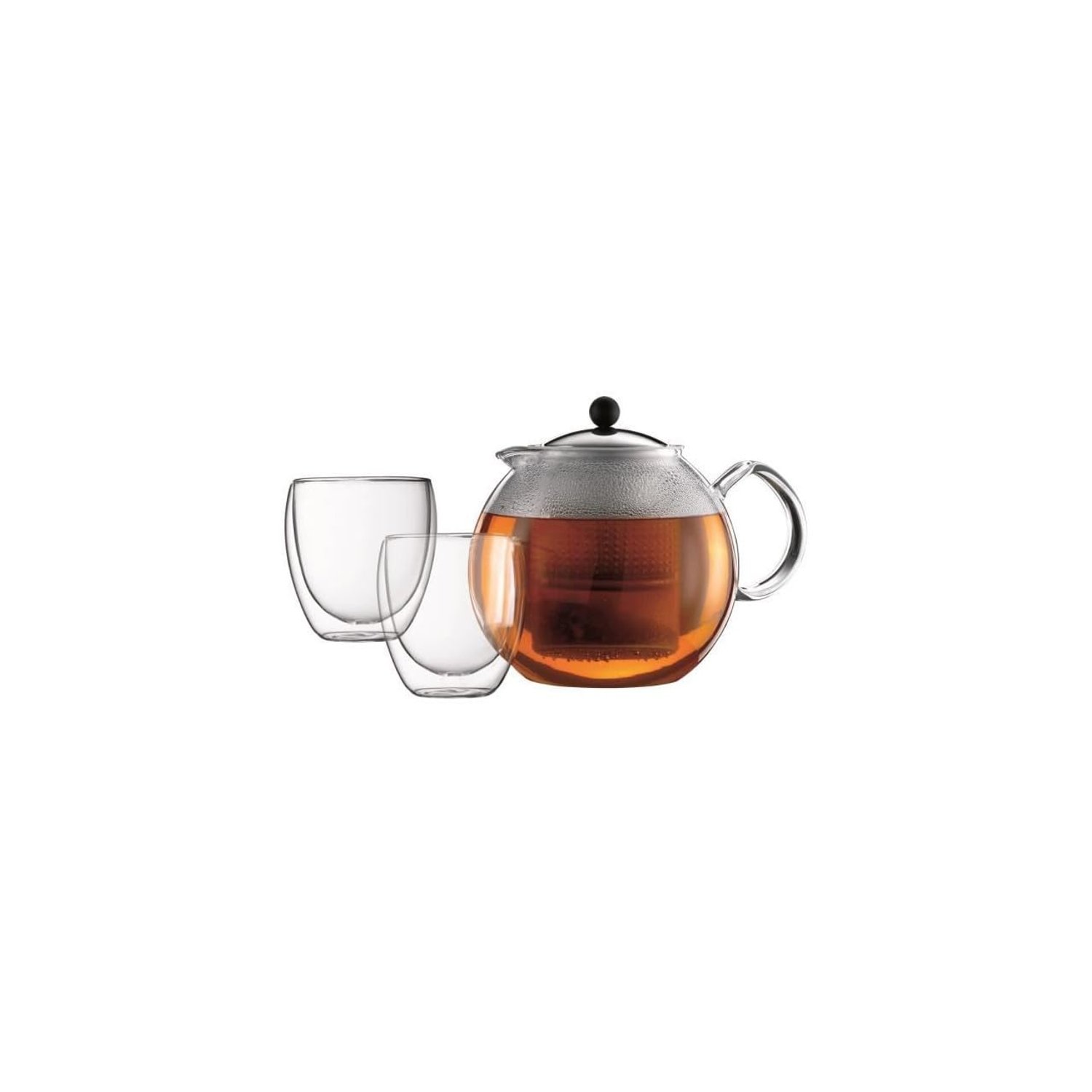 Bodum ASSAM SET Tea Press (1.5 L/51 oz) and Glases (Double-walled, 0.25 L/8 oz) - Shiny, K1833-16