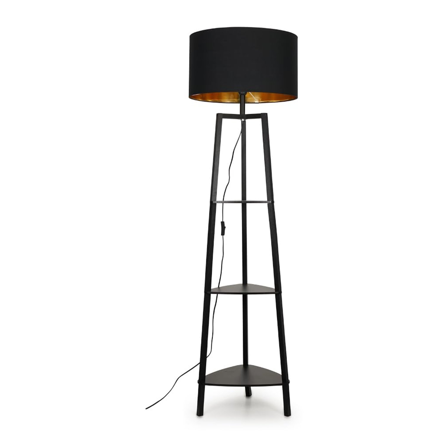 MiniSun | Black Wooden 3 Tier Floor Lamp with Storage Shelves with a Black/Gold Shade | Floor Lamps & Torchieres, Home Décor & Improvement Essential | Includes 6W GLS Bulb