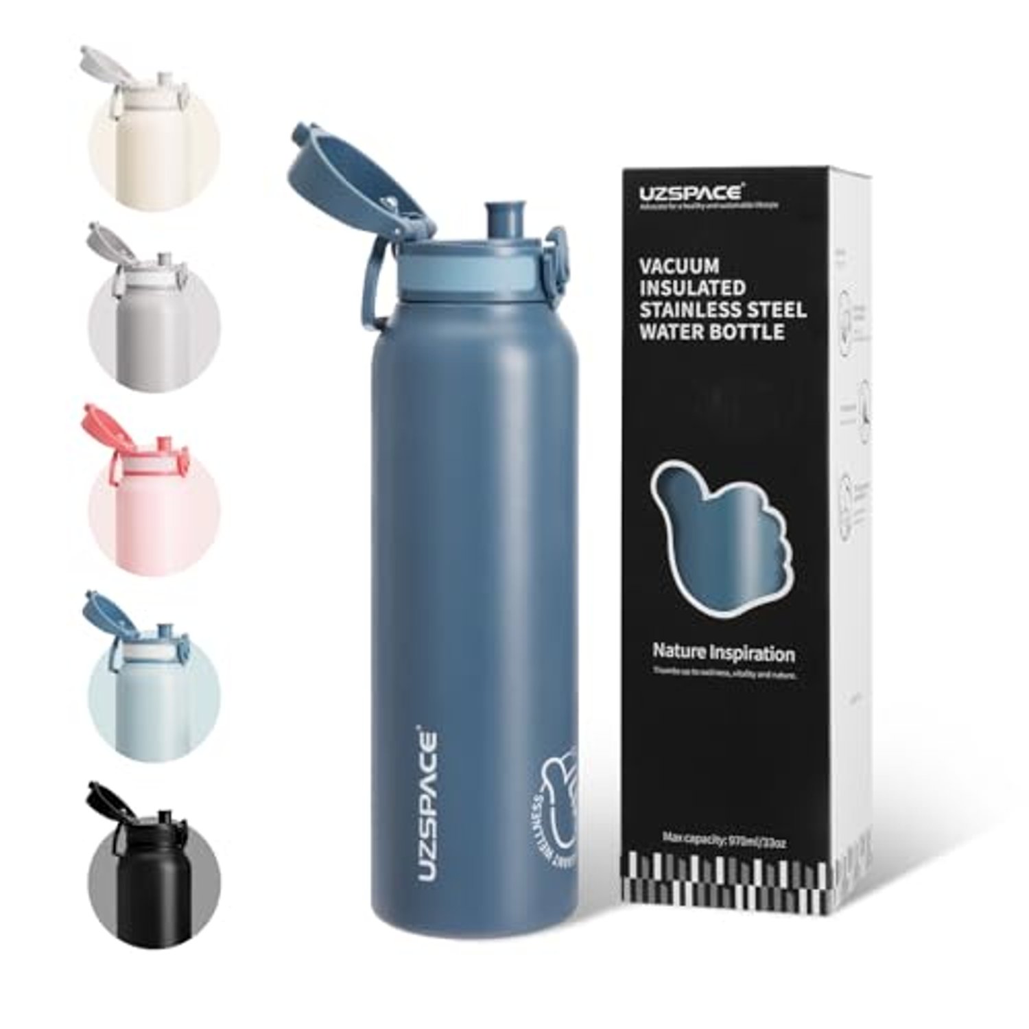 UZSPACE Stainless Steel Water Bottle 1l (970ml) - Double-Walled Insulated Water Bottles that Keep Drinks Cold & Hot - Leakproof Drinking Bottles for Adults - Ideal for Outdoors & Sports Slate Blue