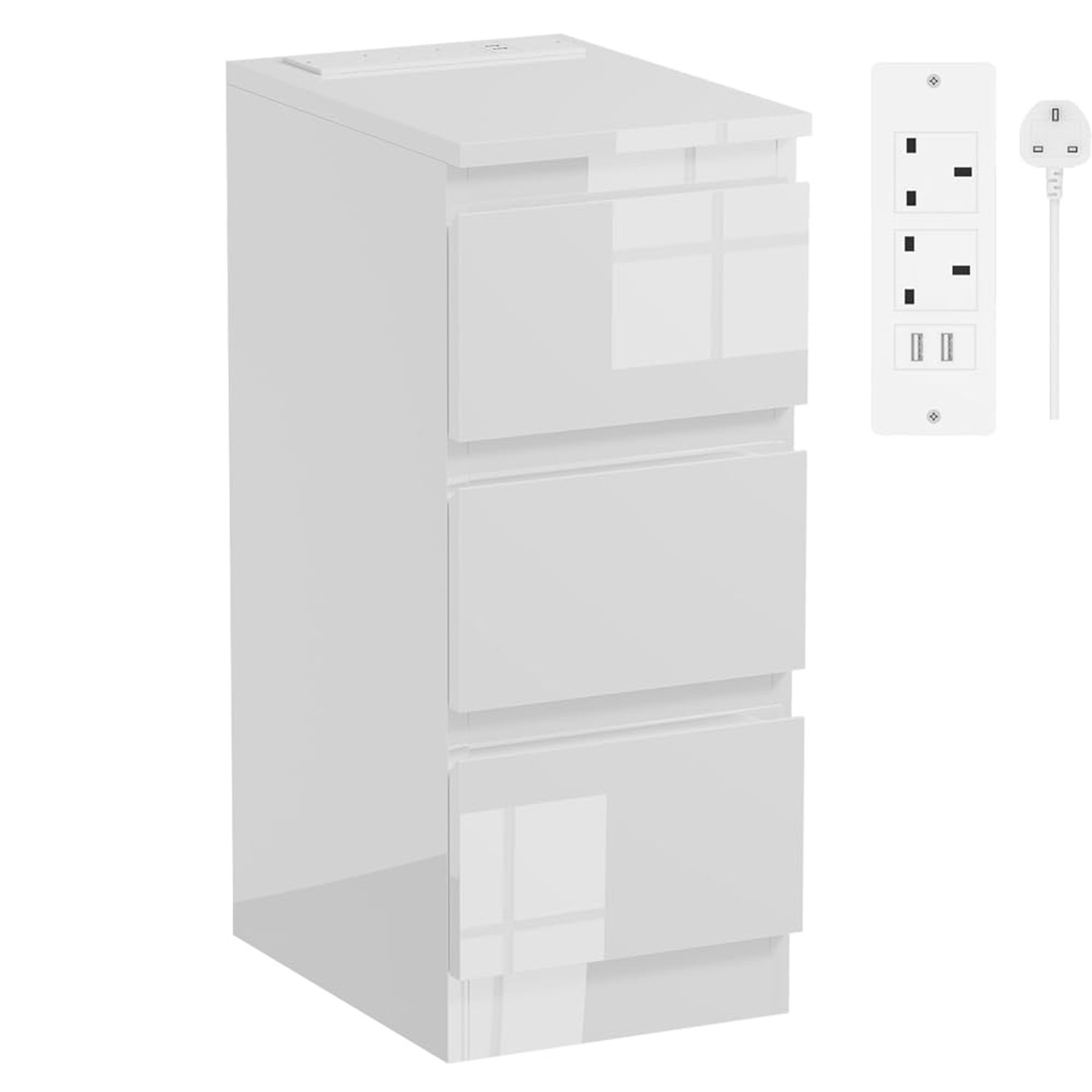Rainbow Tree Slim Bedside Table with Charging Station White, Modern High Gloss Narrow Bedside Cabinet with 3 Drawers, Nightstand for Bedroom, Side Sofa Tables 25Wx35Dx60Hcm