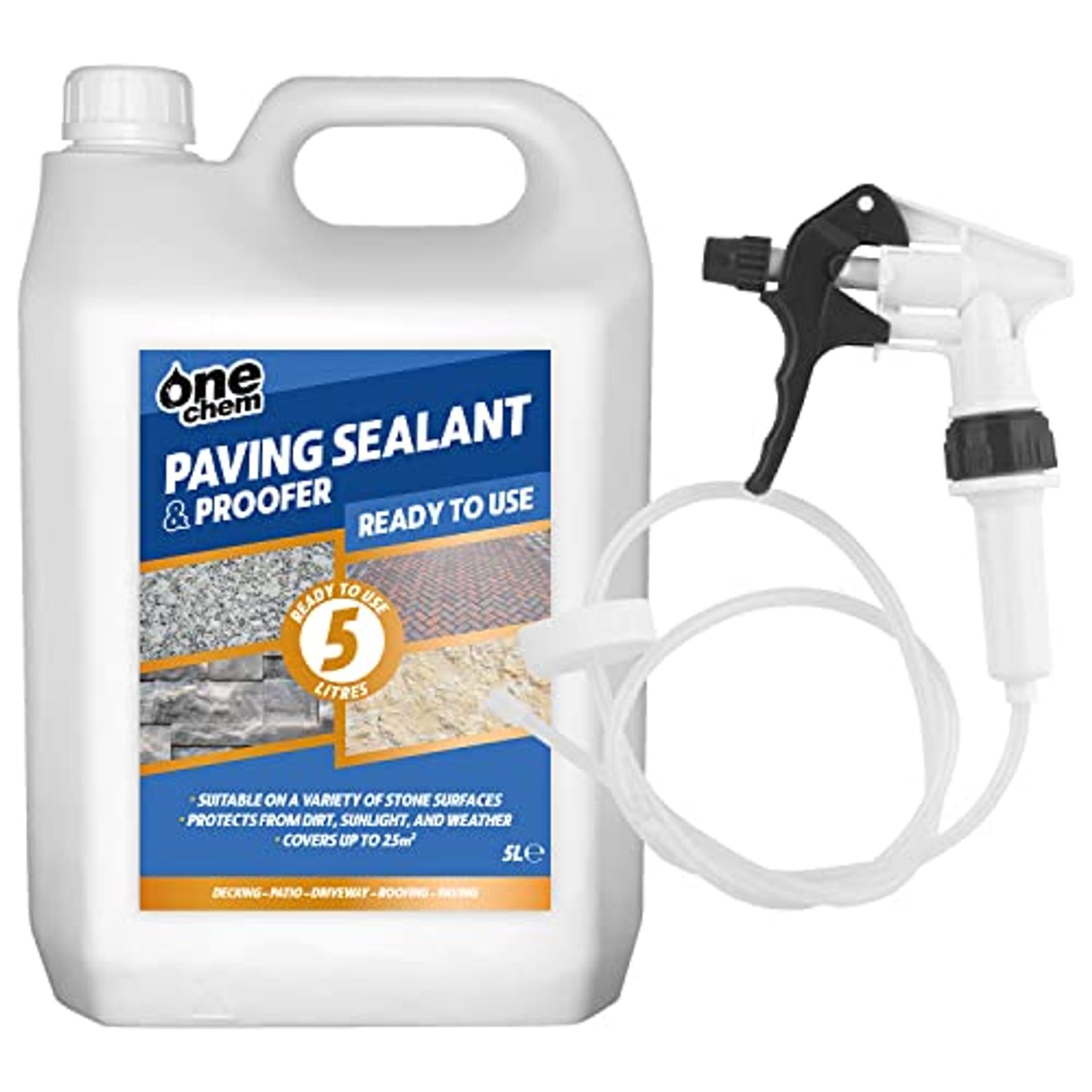 One Chem - Paving Sealant and Proofer - 5 Litre Water Seal - with Long Hose Trigger - Breathable, Colourless Waterseal for Brick, Wood and Stone