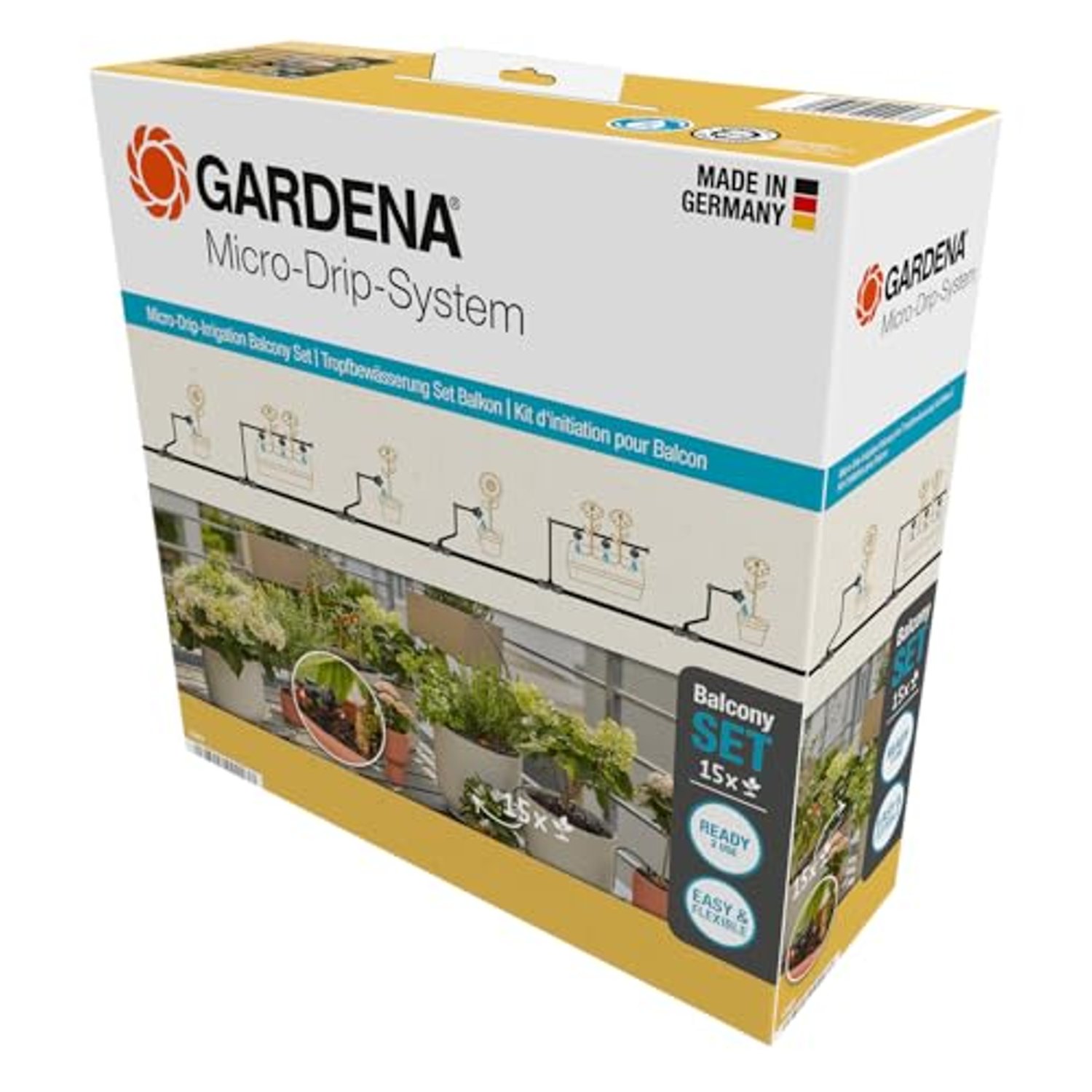 Gardena Micro-Drip-System Drip Irrigation Set Balcony (15 plants): Starter set, ready to use, water-saving irrigation system, simple & flexible connection technology (13401-20)