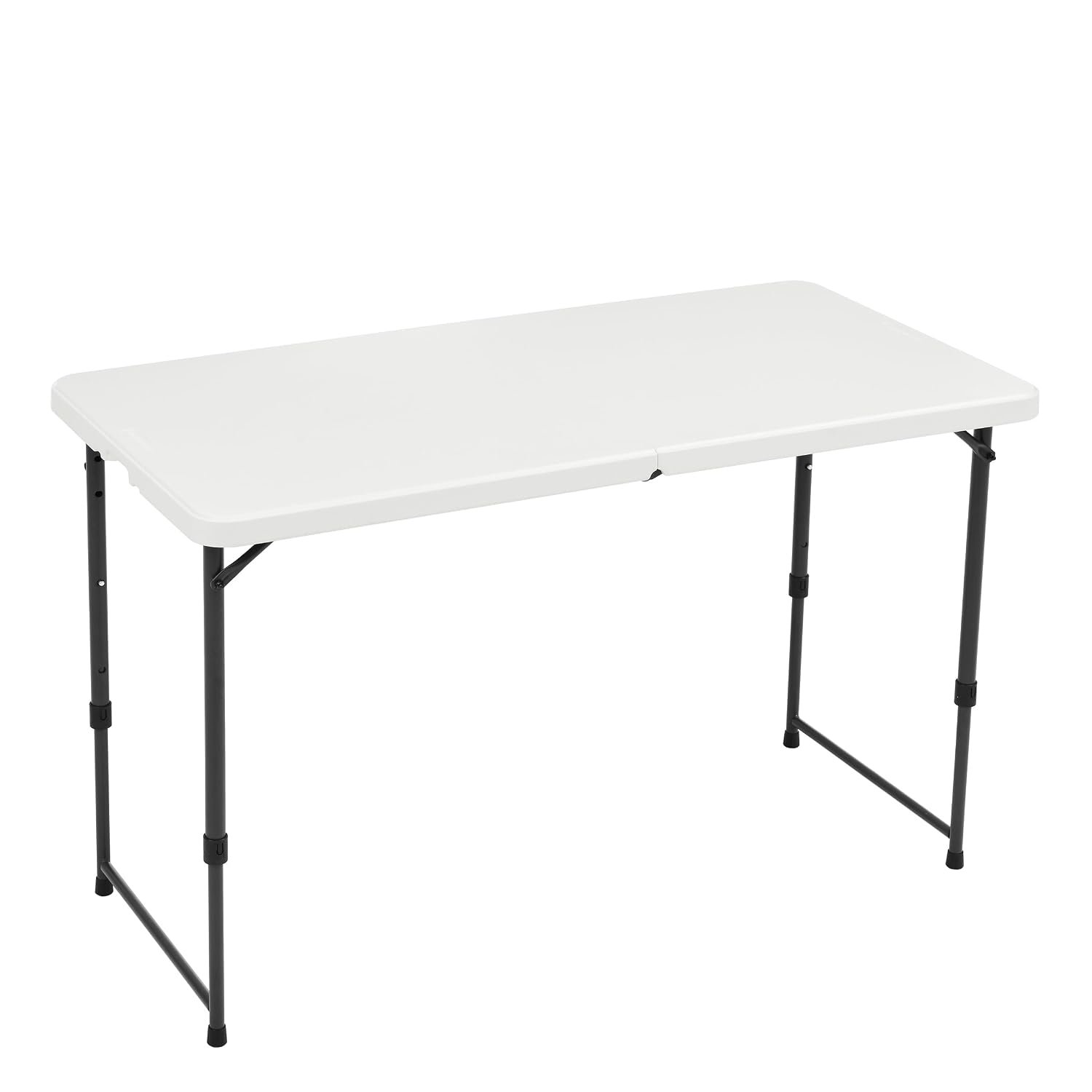 Amazon Basics 4 Foot Rectangular Folding Table, 4 Adjustable Height Settings with Carrying Handle, Indoor & Outdoor, Portable, Lightweight, Travel Table, Picnic, Camping, White, 121.4 x 60.7 x 86.1 cm