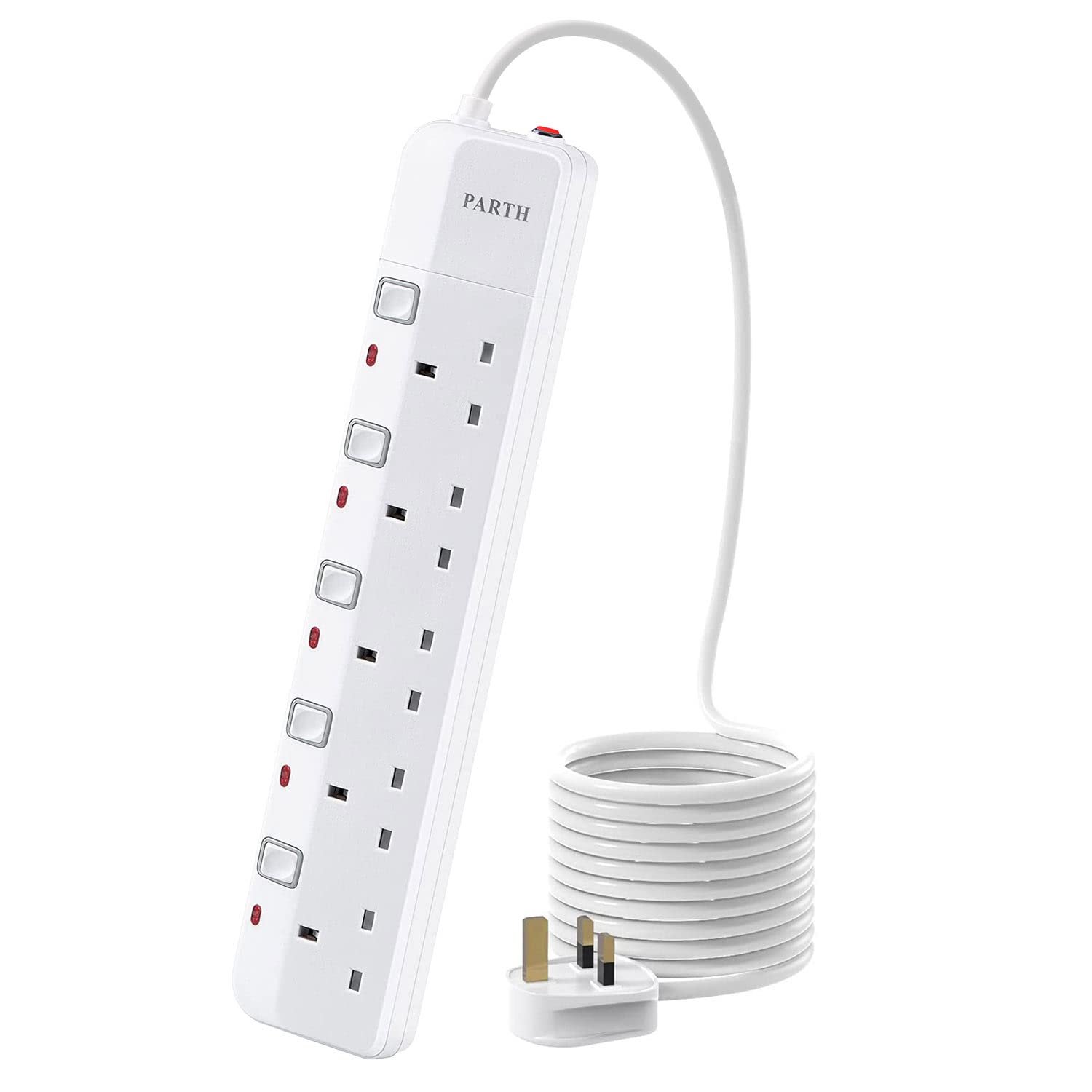 PARTH 5m Extension Lead with Switches Surge Protection UK Plug Extension 5 Metre Cable Extension Cord 5 Way Sockets Power Extension with Overload Protection 3250W/13A