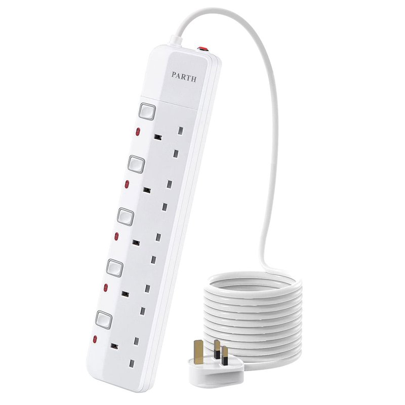 PARTH 5m Extension Lead with Switches Surge Protection UK Plug Extension 5 Metre Cable Extension Cord 5 Way Sockets Power Extension with Overload Protection 3250W/13A