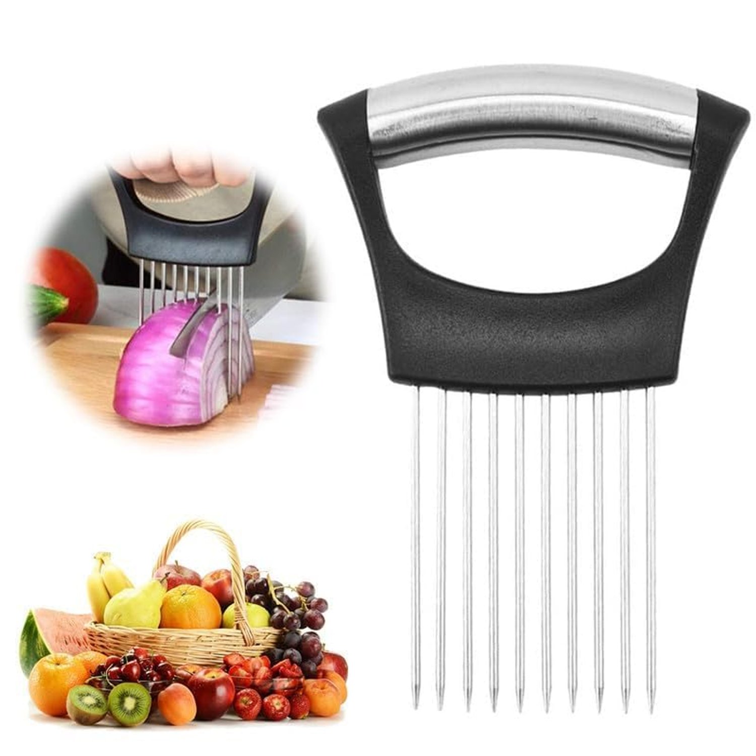 Onion Holder for Slicing, Stainless Steel Slicer Onion Cutter for Slicing, Vegetable Cutter for Potato and Tomato, Lemon Avocados, Eggs, Food Slicer Assistant Tool (1 P)