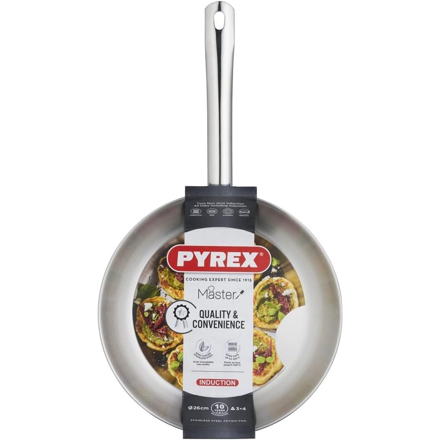 Pyrex Frying Pan Master Stainless Steel for Induction, Electric, Gas and Ceramic Glass Hobs, Cookware, Kitchen (28cm Pyrex Master Frying Pan), MX24BFX/HDL, Silver