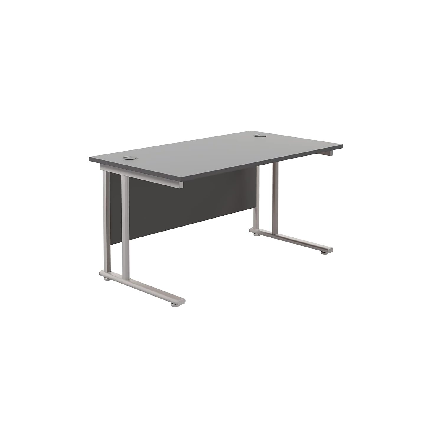 Office Hippo Heavy Duty Rectangular Cantilever Office Desk, Home Office Desk, Office Table, Integrated Cable Ports, PC Desk For Office or Home, 5 Yr Wty - Silver Frame/Black Top, 140cm x 80cm