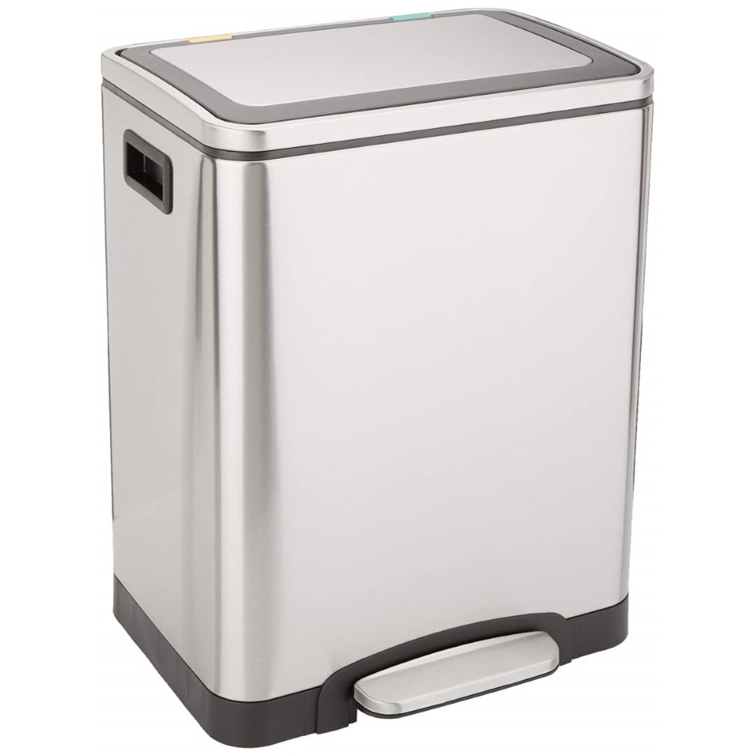 Amazon Basics 30L Dual Bin Soft-Close Rectangular Trash can with Foot Pedal - 2 x 15 litre Bins, Stainless Steel, for 1 or 2 people use