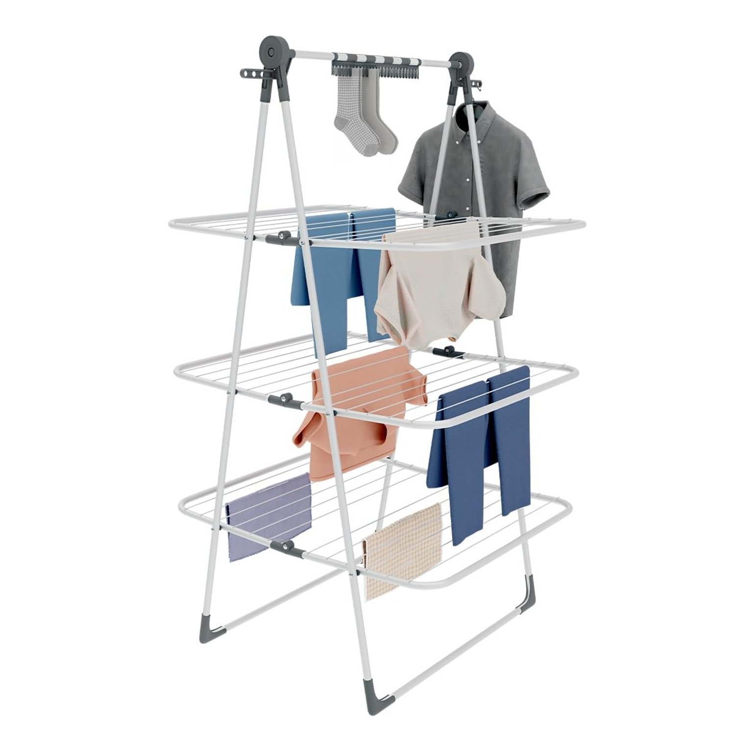 Knight 3 Tier Clothes Airer, 30m Drying Space, Free Standing Foldaway Clothes Drying Rack, Laundry Drying, Non Slip Feet, Extra Hanging Bar with Socks Clip, Space Saving Patent Design (White & Grey)