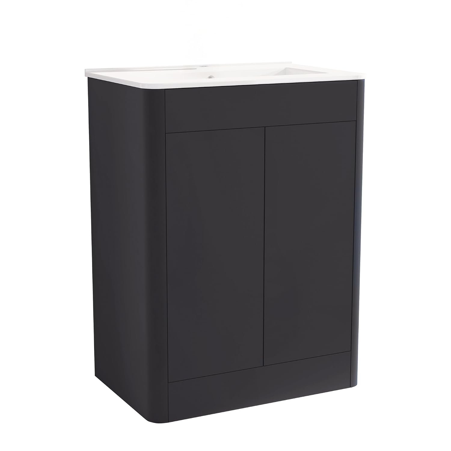 BELOFAY Vanity Unit with Basin | 600mm Floor Standing Bathroom Vanity Unit with Basin | High Gloss Grey | Push to Open Doors & DTC Soft Close Hinges with 1 Tap Hole Ceramic Basin & Waste (Edison Grey)