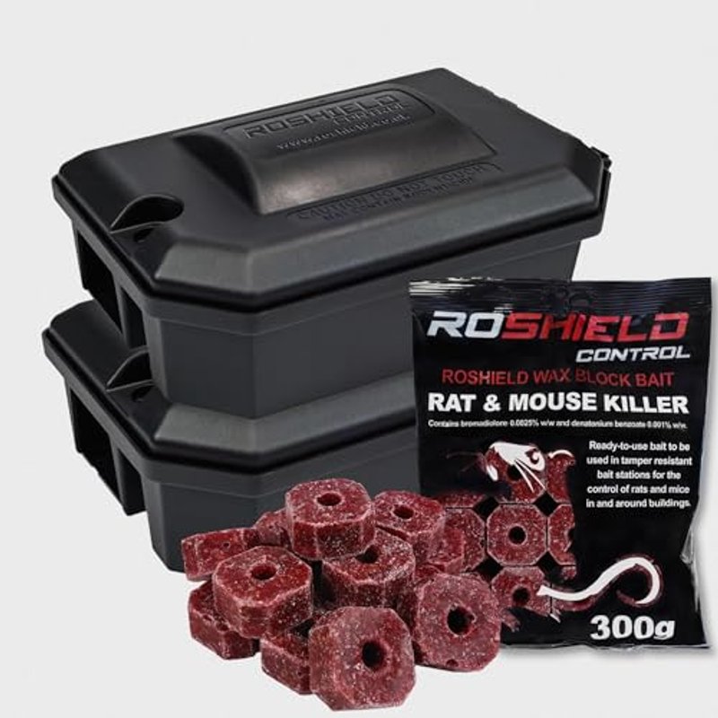 Roshield External Tamper Proof Rodent Bait Box & Wax Block Rat Poison Kit - Garden & Home Treatment Killer Safety Kit (2 Boxes & 300g Blocks)