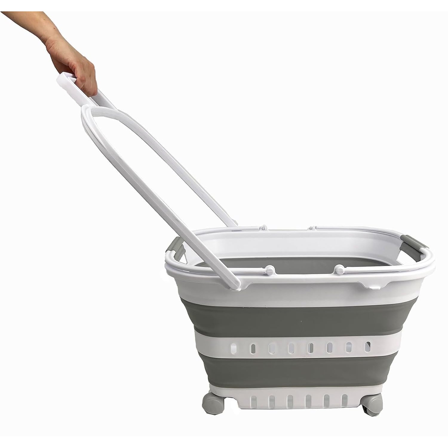 SAMMART 35L Collapsible Plastic Laundry Basket with Handle and Wheels - Foldable Pop Up Storage Container/Organizer with handle and wheels - Space Saving (1, White/Grey)