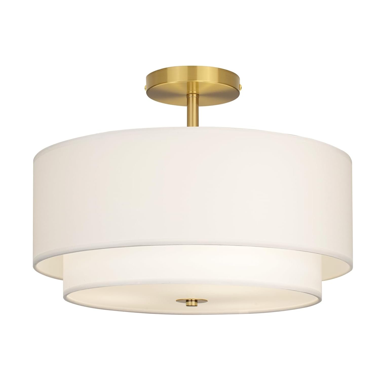CALOKES 40 cm Dual Drum Gold 3-Light Semi Flush Mount Ceiling Light, Classic White Fabric Linen Shade Design for Living Room, Bedroom, Kitchen, Dining Room, Hallway and Entryway