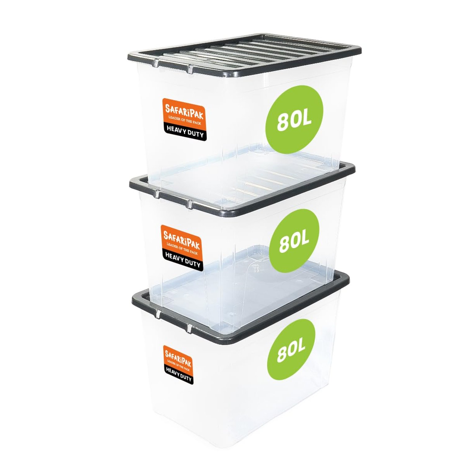 SAFARIPAK 3 x 80 Litre Stackable Clear Plastic Storage Boxes with Lids, Clip-Lock Lid, Sturdy Space Saving Nestable Box, Lidded Containers for Home, Kitchen, Moving, Garage, Office & Organisation