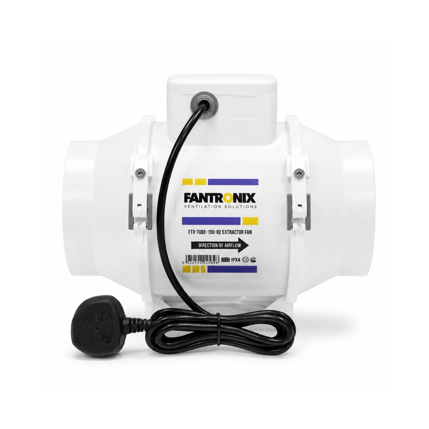 Fantronix 150 mm (6”) Inline Extractor Fan with UK Plug – Powerful Bathroom & Grow Room Ventilation Fan, Energy Class E