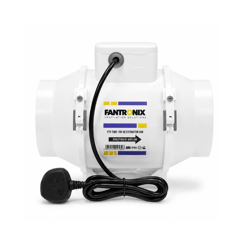 Fantronix 150 mm (6”) Inline Extractor Fan with UK Plug – Powerful Bathroom & Grow Room Ventilation Fan, Energy Class E