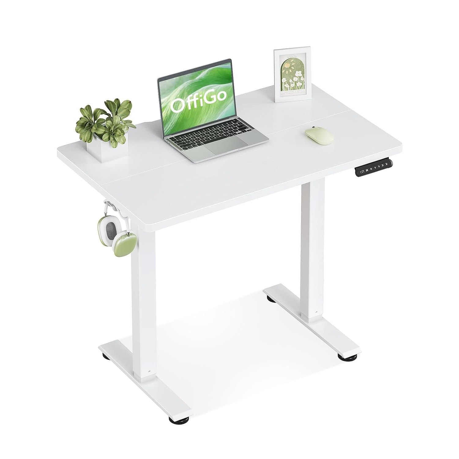OffiGo Standing Desk, 80cm Small Height Adjustable Desk with 3 Memory Heights, Electric Sit Stand Office Table for Home Office Workstations, Compact Computer Table for Small Spaces, White