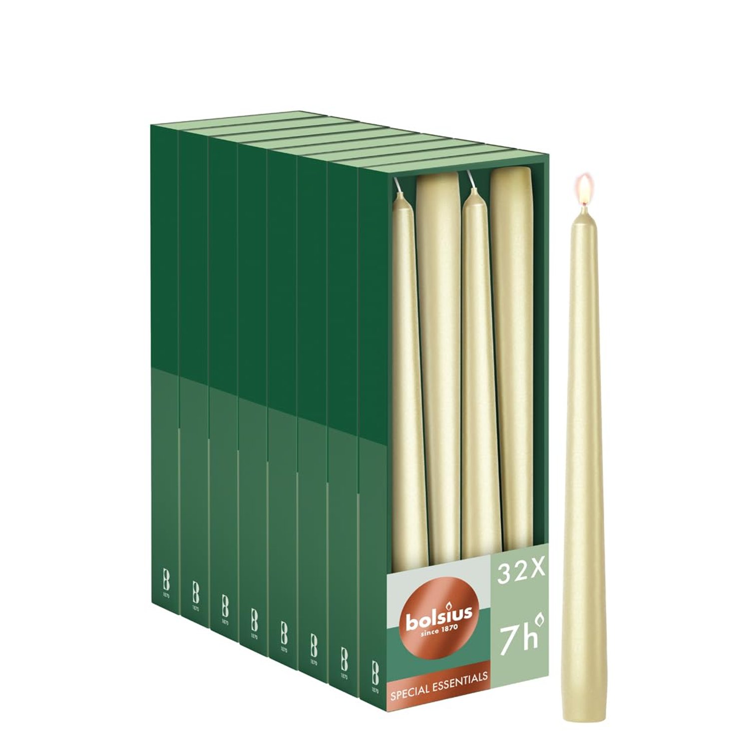 Bolsius Essentials Smooth Taper Candles - Silver Metallic - 24.5 cm - Pack of 32 - Decorative Candles - Palm Oil Free
