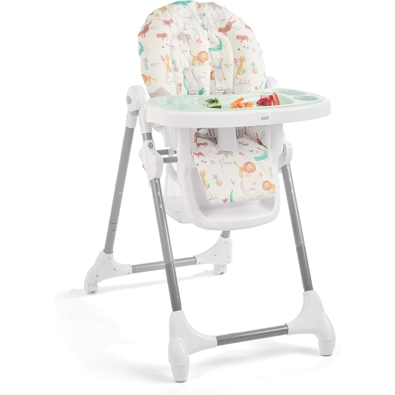 Mamas & Papas Snax Adjustable Baby High Chair for 6 Months Plus, Toddlers, Reclining, Foldable Highchair with Wipeable Removable Tray, Baby Feeding Chair, 108 x 84 x 59 cm, Jungle Alphabet