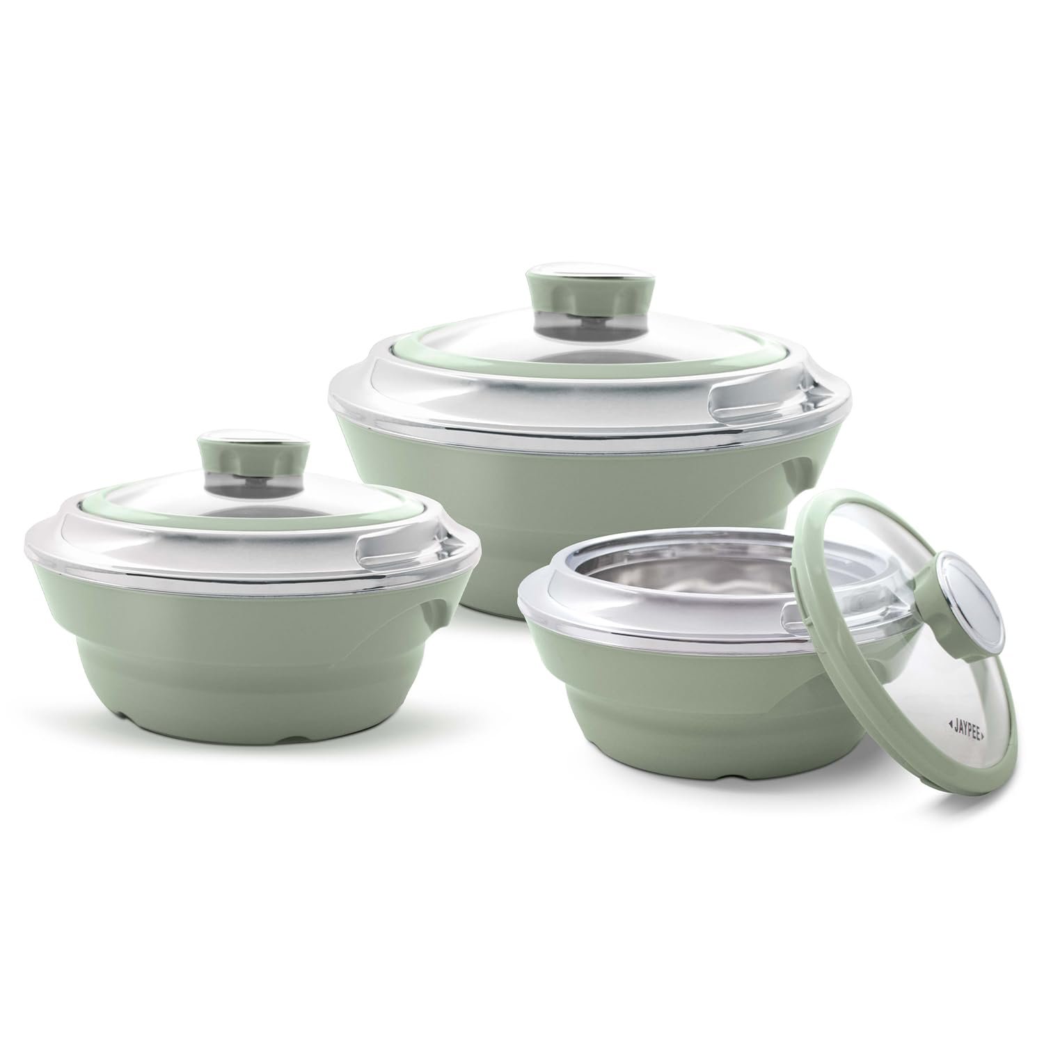 Homsmyth Insulated Casserole Dishes Set of 3 with Glass Lids (1000ml, 1500ml & 2000ml) – Stainless Steel Inner Thermal Food Containers – Hot Pot Serving Dishes for Keeping Food Warm (Green)