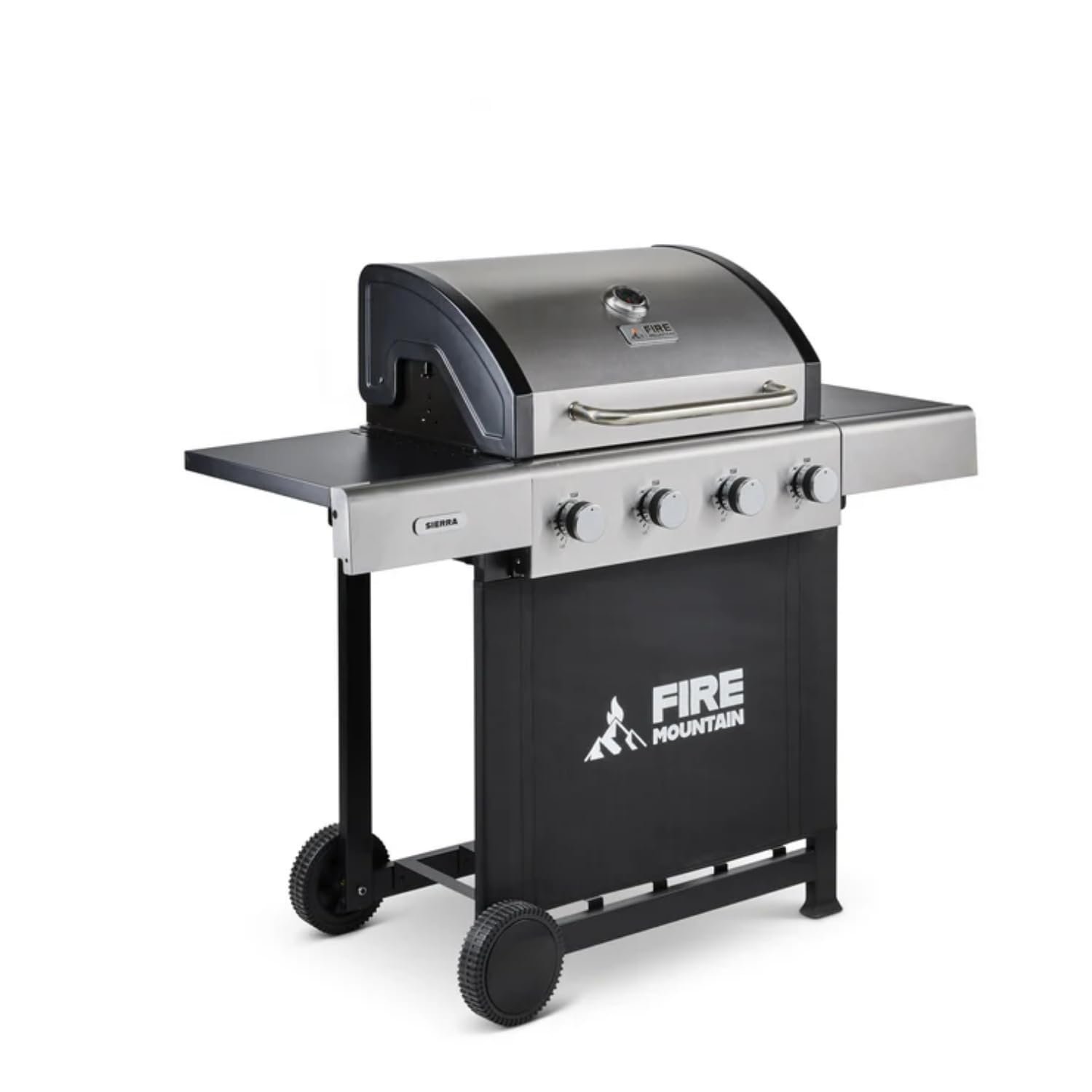 Fire Mountain Sierra 4 Burner Gas BBQ Stainless Steel with Cast Iron Grill and Side Shelves Large Outdoor Barbecue for Garden Family Sized 60 x 42cm Cooking Area