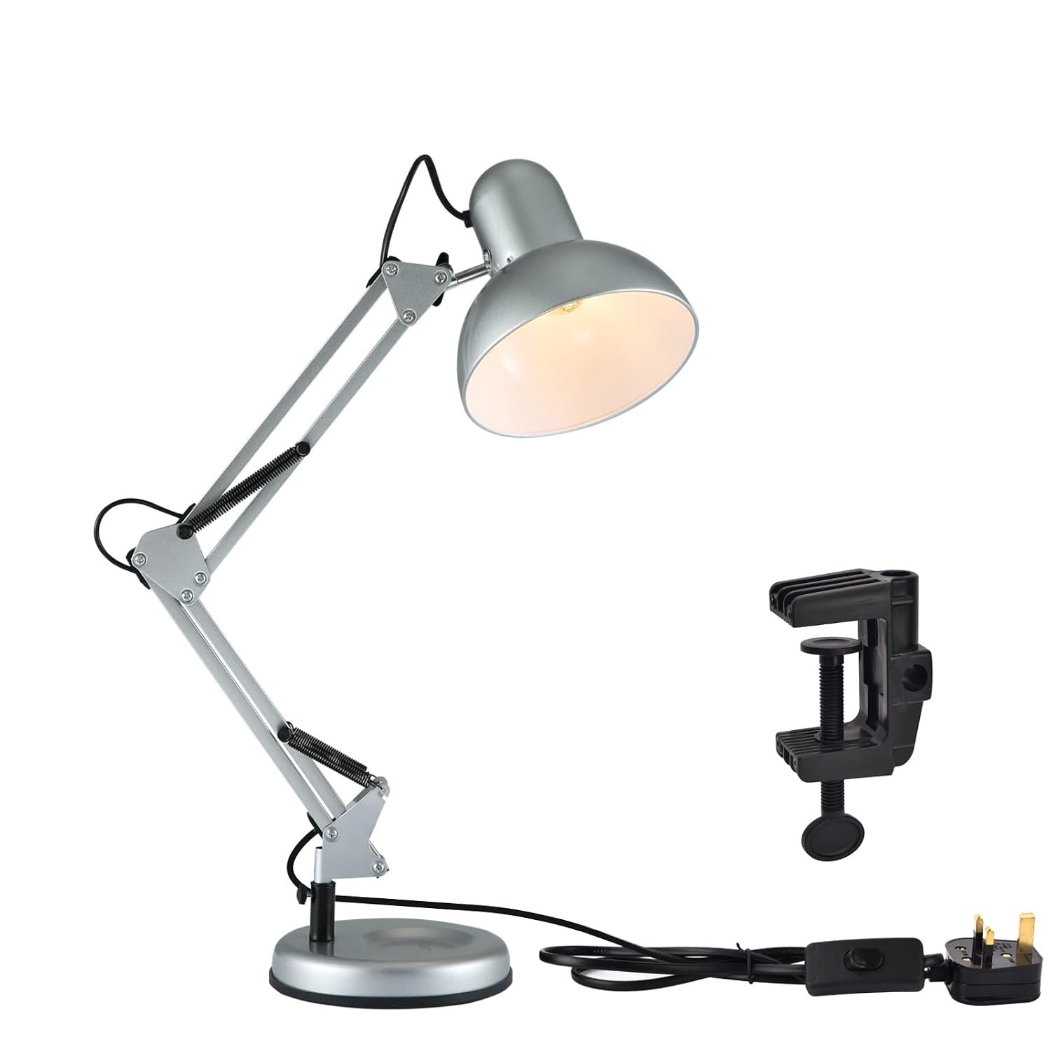 TEKLED Adjustable Desk Lamp with with C-Clamp, E27 Bulb Holder, Swing Arm, Rotatable Head for Home Office, Student Bedrooms, Workshops - Includes Free LED Bulb, Max 60W