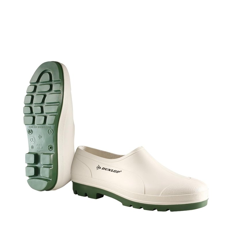 DUNLOP Bicolour - Unisex Safety Clog Easy Slip-on Short Waterproof Shoes, White, Insulated and Chemical Resistant PVC Wellies with Slip Resistant Outsole for Outdoor and Gardening - EU43, UK9